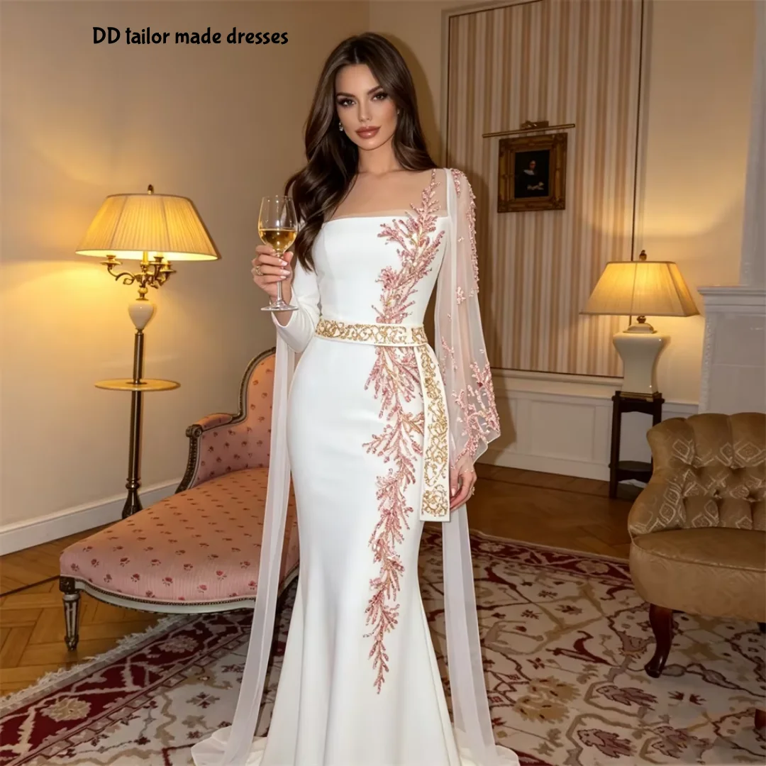 Elegant Square Neck Mermaid Evening Gown Long Sleeve Pink Gold Beaded Sweep Train Formal Occasion Gown Prom Dress Customized