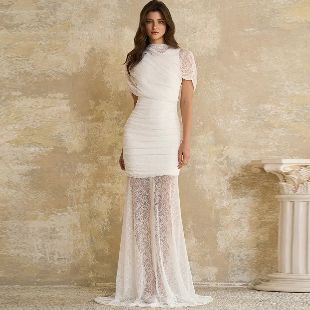 Exquisite Ivory Short Sleeves Evening Dress Customized Lace Mermaid Pleats Prom Dress Simple Saudi Party Dress with Zipper Back