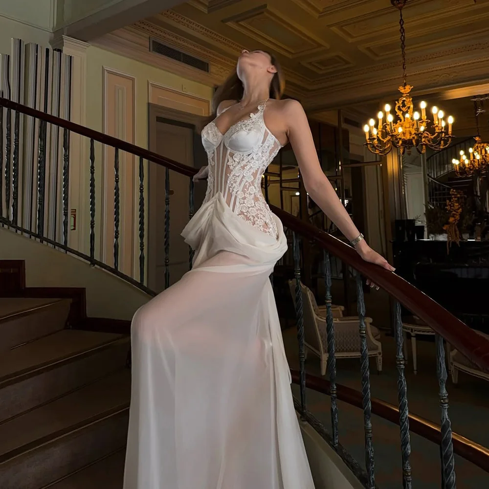Msikoods Customized Ivory Evening Dresses Modern Halter Illusion Corset Lace Appliques Prom Dress High Slit Bridal Party Gown