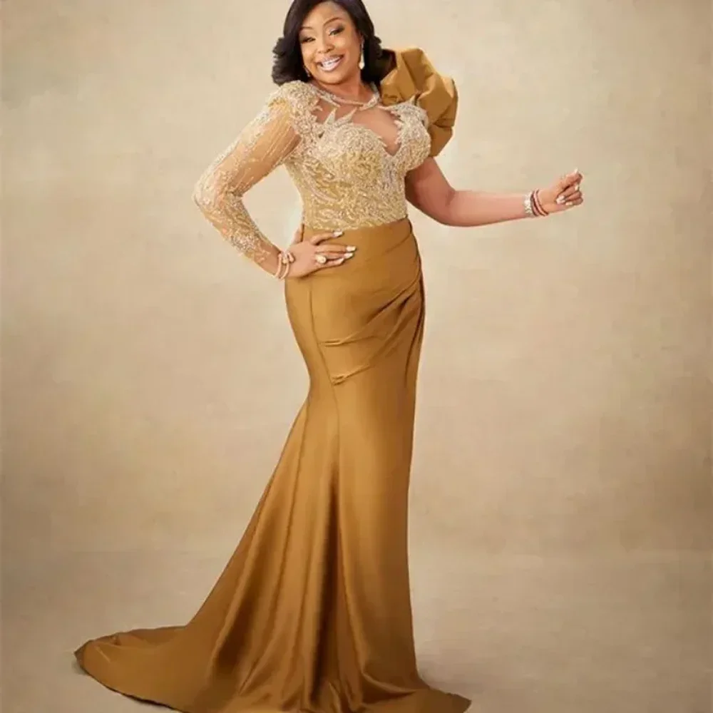 Golden Elegant Ruffle Mermaid Ball Dress Taft Lace African Formal Party Dress Plus Wedding Guest Dress Customization
