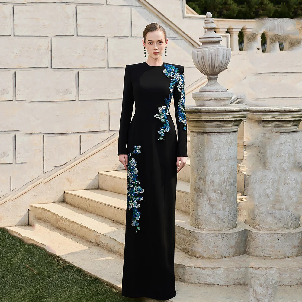Elegant Black A-line Floor Lenght Women's O-neck Evening Dresses with Chinese Embroidery Flower Formal Party Dress Customized