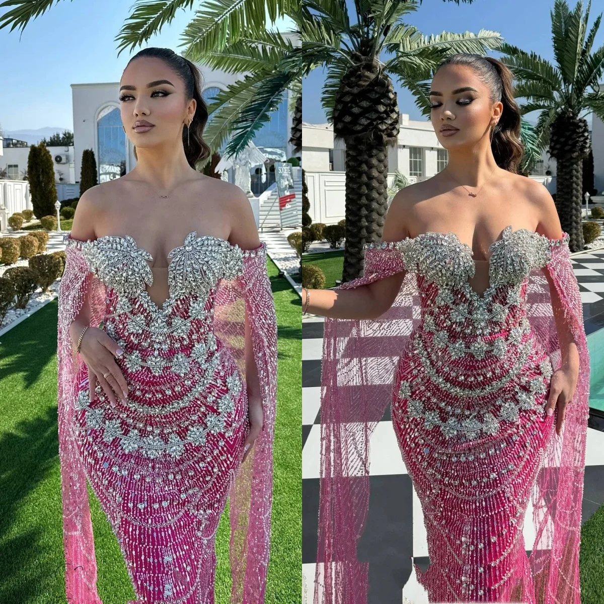 Gorgeous Off The Shoulder Crystal Prom Dresses Elegant Beaded Sequined Evening Dress Floor Length Party Gown Customized