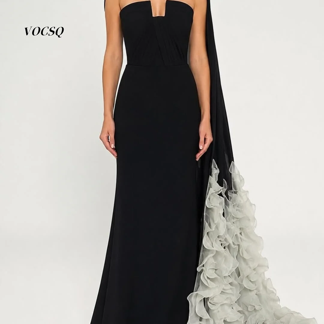 Prom Dresses Black Strapless V-Notch Mermaid with Cape and White Ruffle Detailing Formal Evening Party Gowns Customized