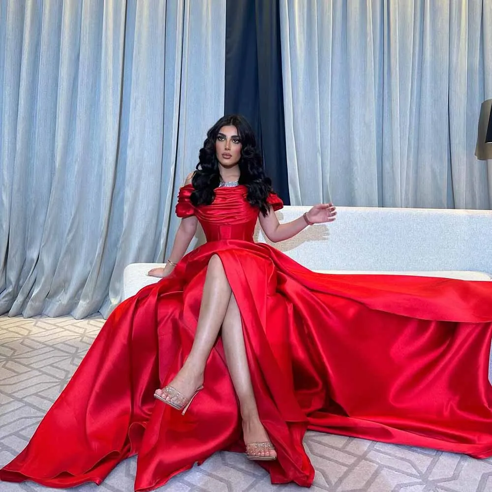 Customized Satin Formal Evening Gowns Sheath/Column Valentine's Day Dresses Red Off-the-shoulder Watteau Train Prom Dress Long
