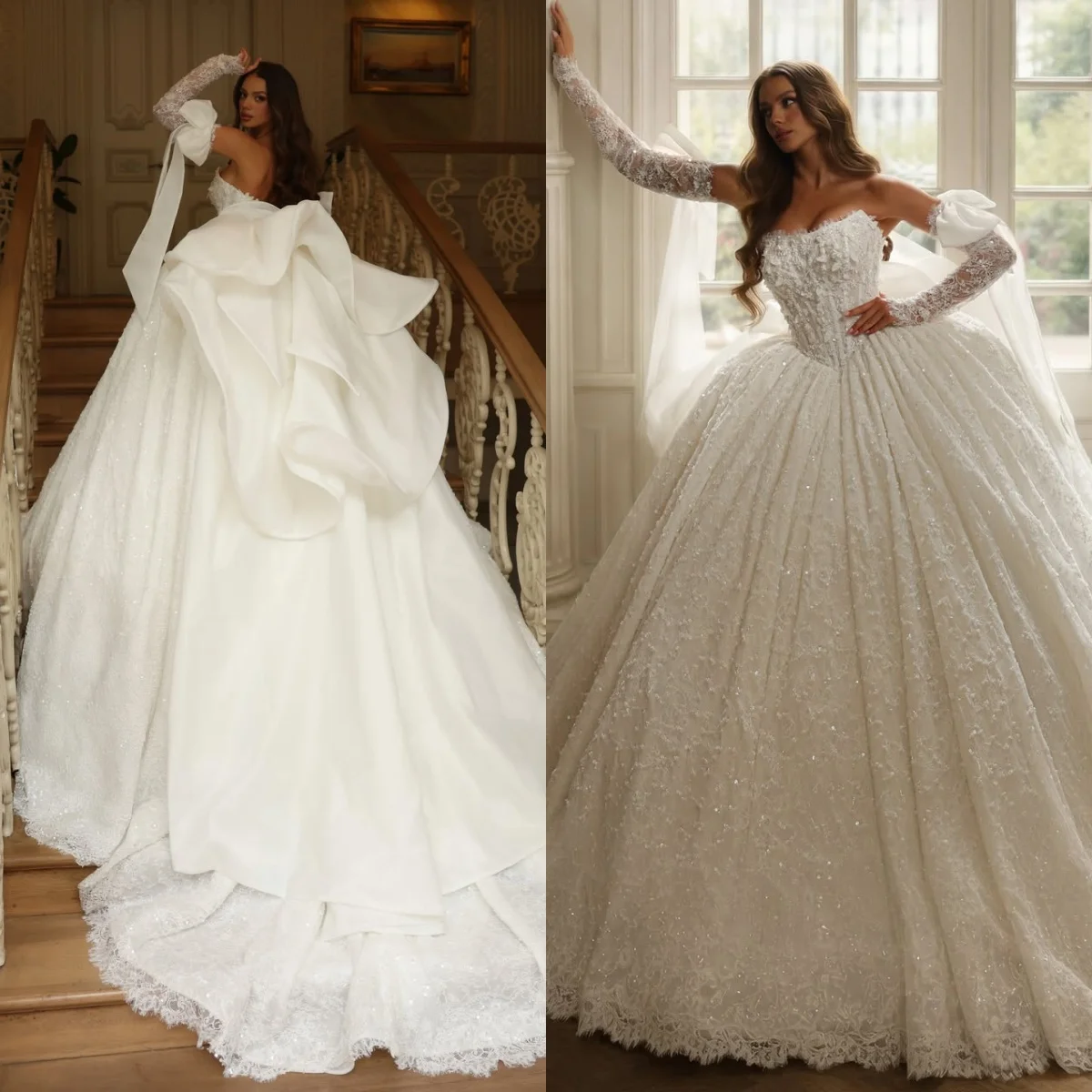 Luxury Sweetheart Full Lace Ball Dress Wedding Dress Detachable Lace Sleeves A-line Retro Bride Dress Customized
