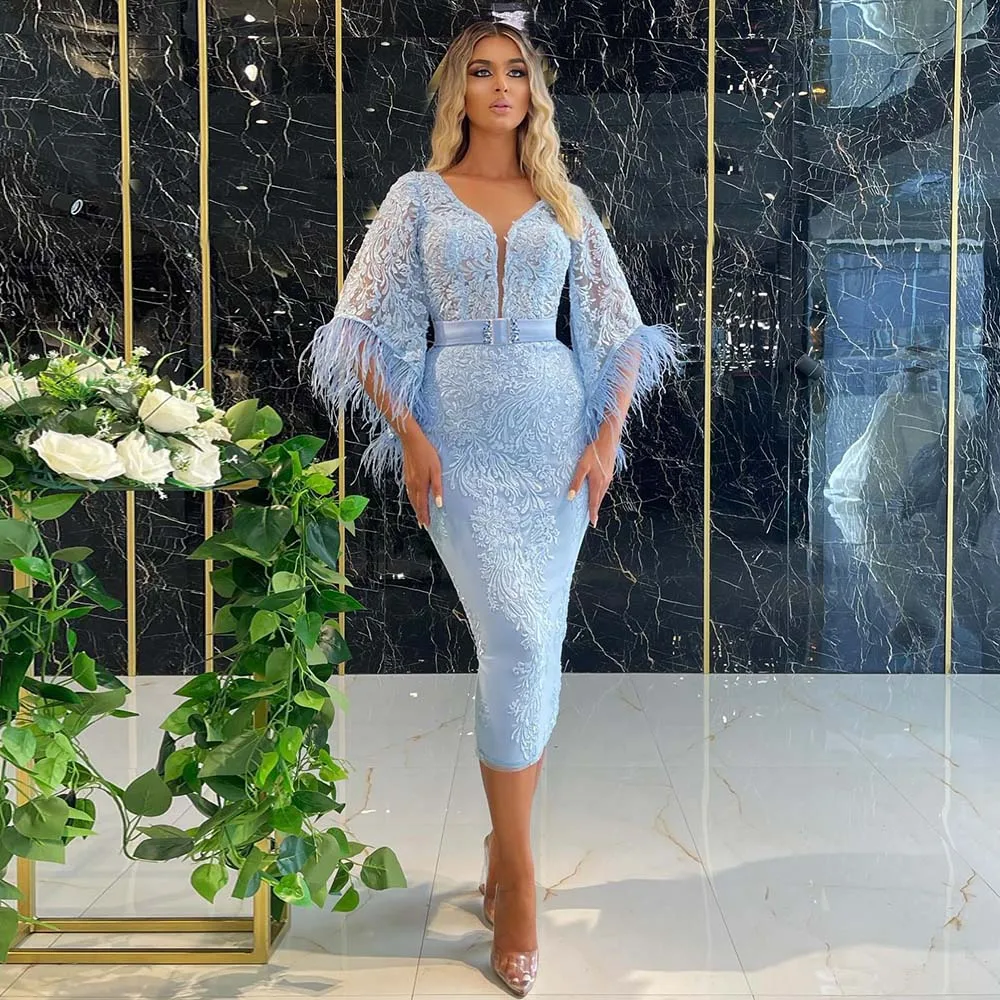 Light Blue Formal Party Dresses V-Neck Feather Sexy Prom Gown Women Knee Length 3/4 Sleeves Mermaid Evening Dresses GDS980040