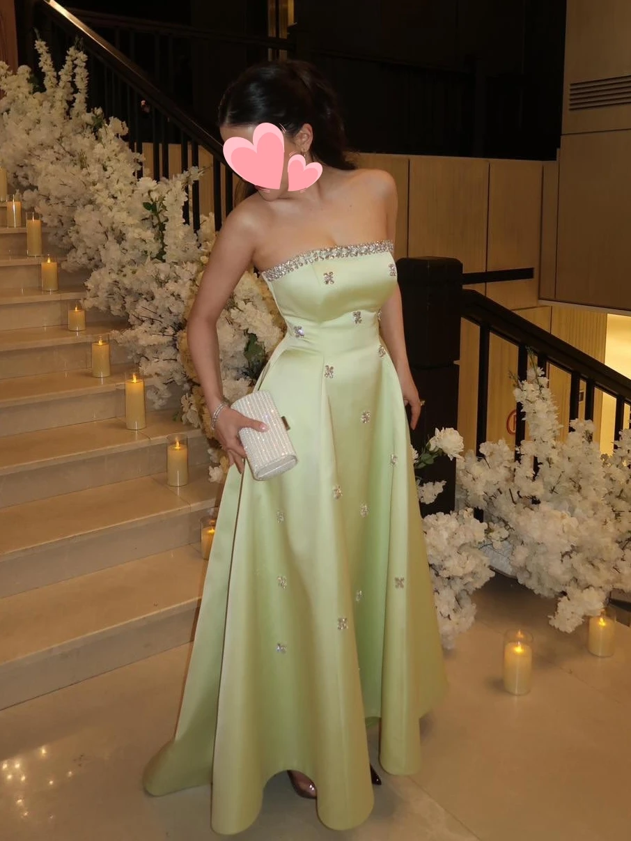 Oisslec Dress Elegant Vintage Sweet Green Crystal Satin A-Line New Customized Formal Occasion Prom Dress Evening Party Gowns