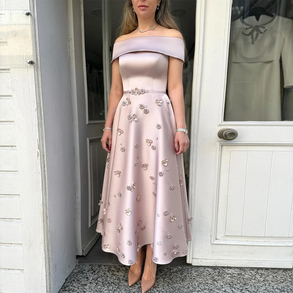 Luxury Cocktail Dresses Midi Off the Shoulder A Line Tea Length Cocktail Gowns for Women Satin Sleeveless Sequined Prom Dress