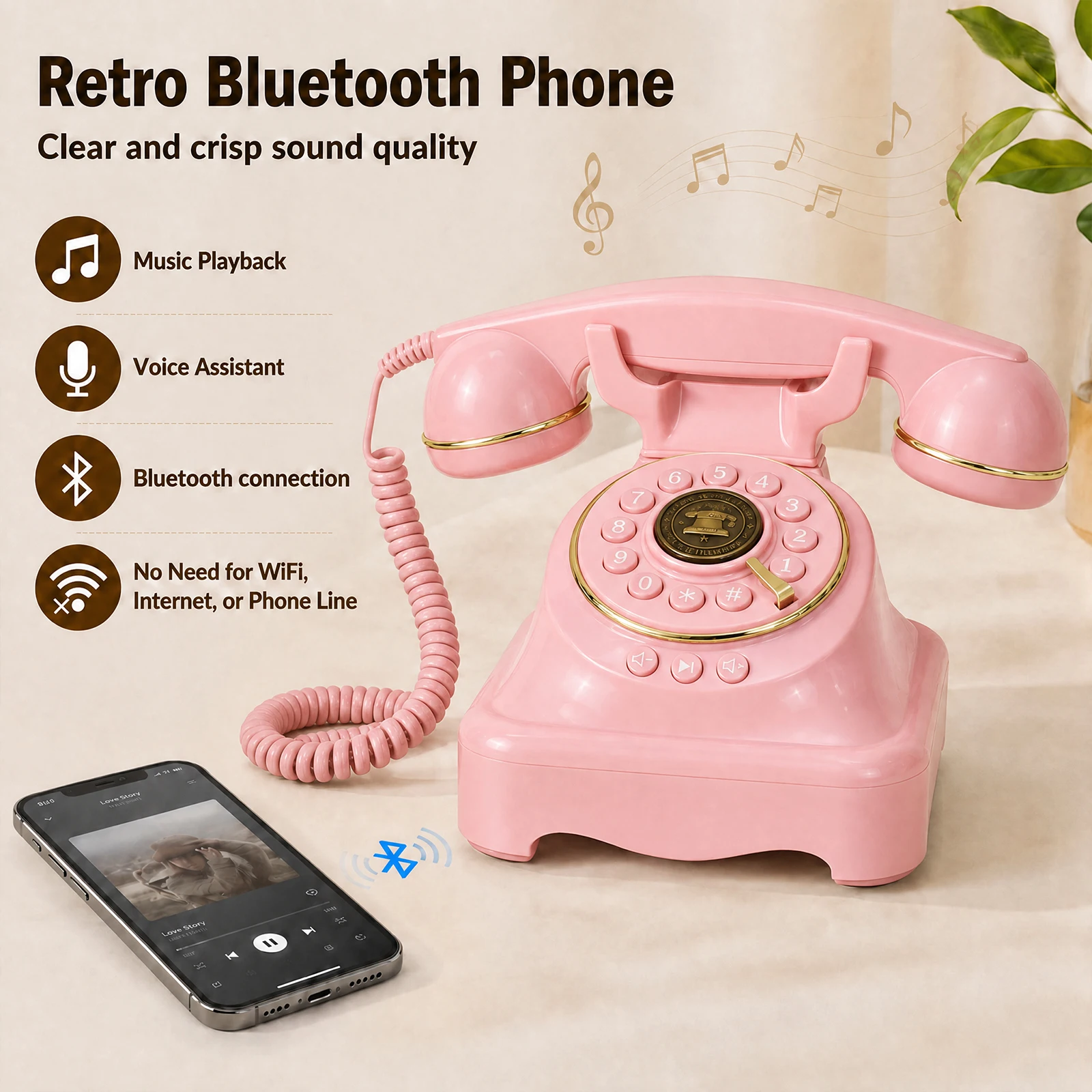 Retro Bluetooth Phone Vintage Telephone Bluetooth Speaker 16GB Memory Card Gift Box for Home Bedroom Office Desk Decor and Style