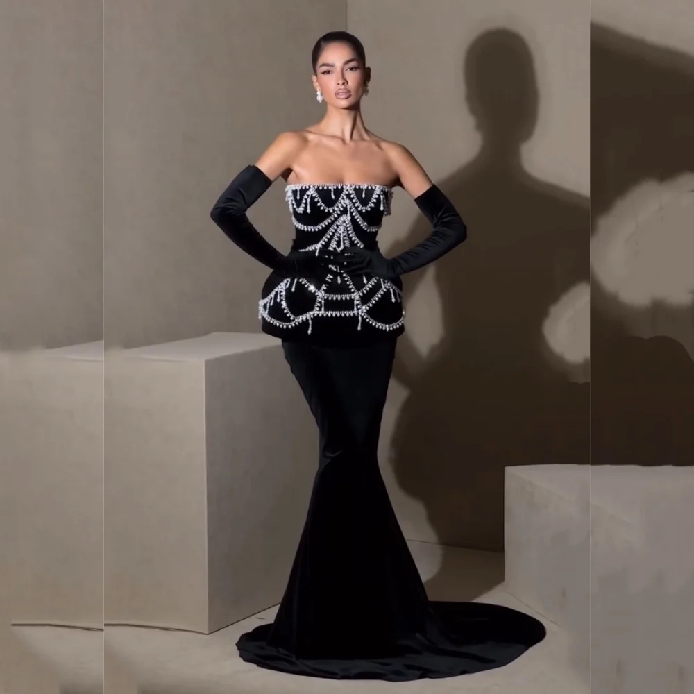 Customized Formal Evening Dress Beading Glitter Temperament Strapless Mermaid Black Long Dresses Bespoke Occasion Elegant Party