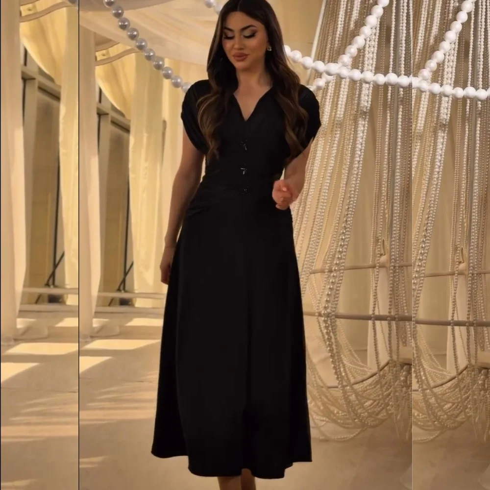 Customized High Quality Sequined Pleat A-line V-neck Midi Bespoke Occasion Cocktail Dresses Exquisite