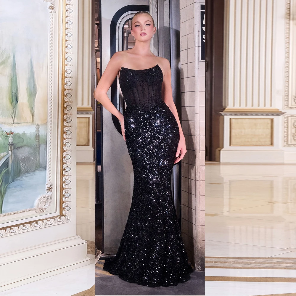 Customized Modern Mermaid Strapless Evening Dresses Sleeveless Formal Party Prom Dress Floor Length Black Sequin Saudi Ara Dress