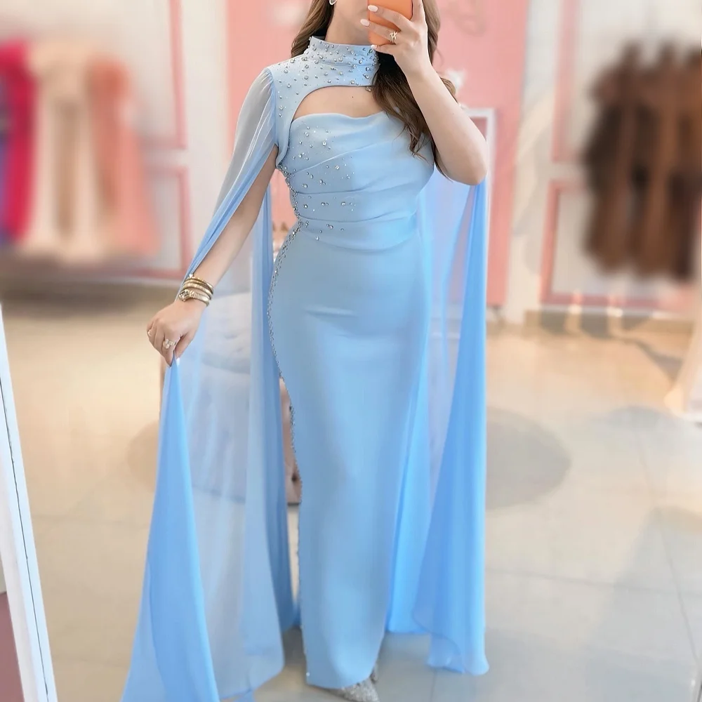 Customized Exquisite High Collar Shawl Evening Dress Rhinestone Straight Long Dresses Modern Style Wedding Party Dress
