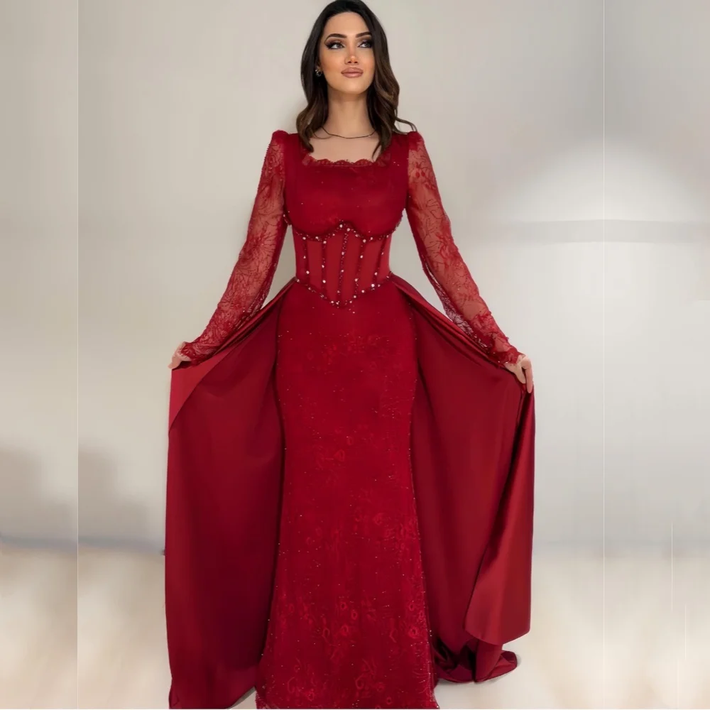 Customized Grace Formal Evening Gowns Lace Glitter Square Neck Trumpet Long Dresses Elegant Party Wedding Modern Style