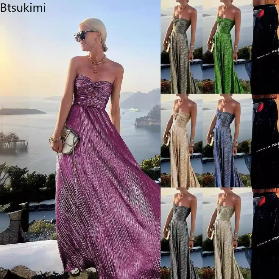 2026Women's Elegant Club Party Dresses Sexy Chest Wrapping Gold Stamping Long Party Dress INS Casual Big Swing Dress for Evening