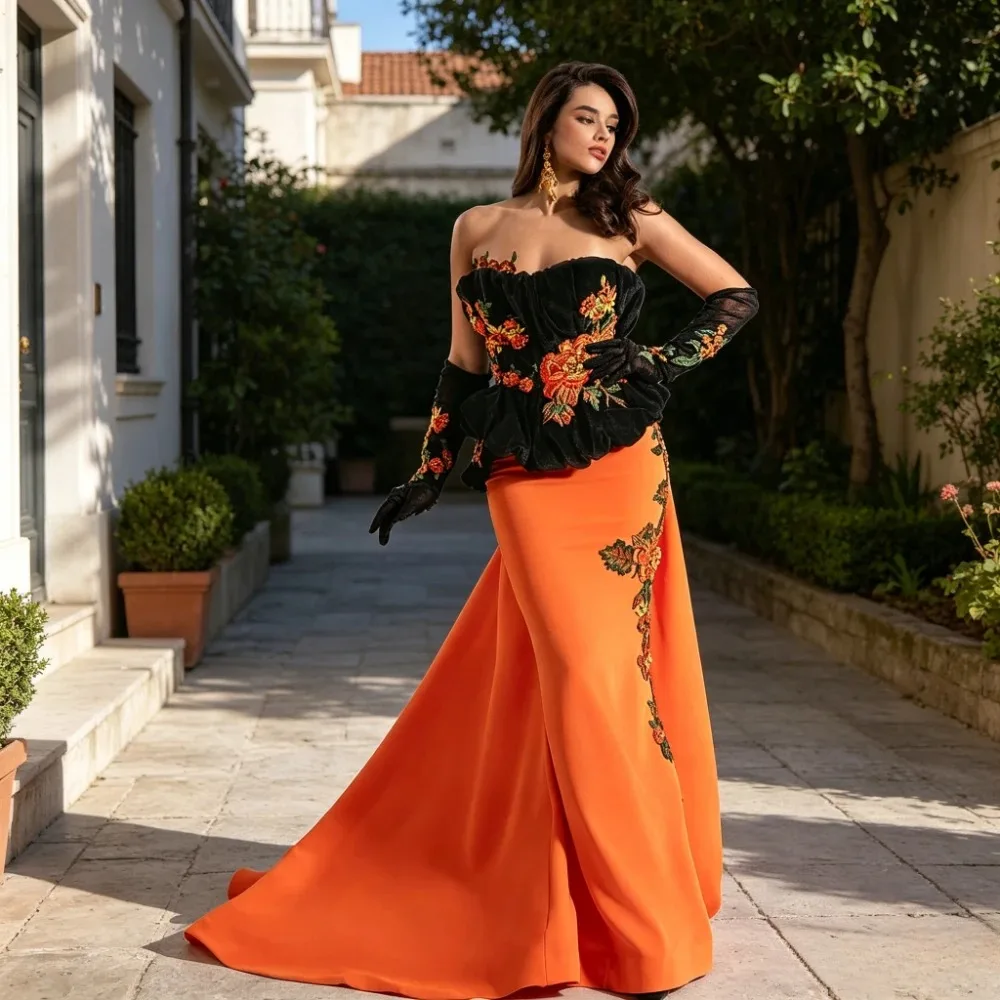 Customzied Jersey Mermaid Floor Legnth Women's Strapless Prom Dresses with Fashion Appliques Contrast Color Evening Gowns New