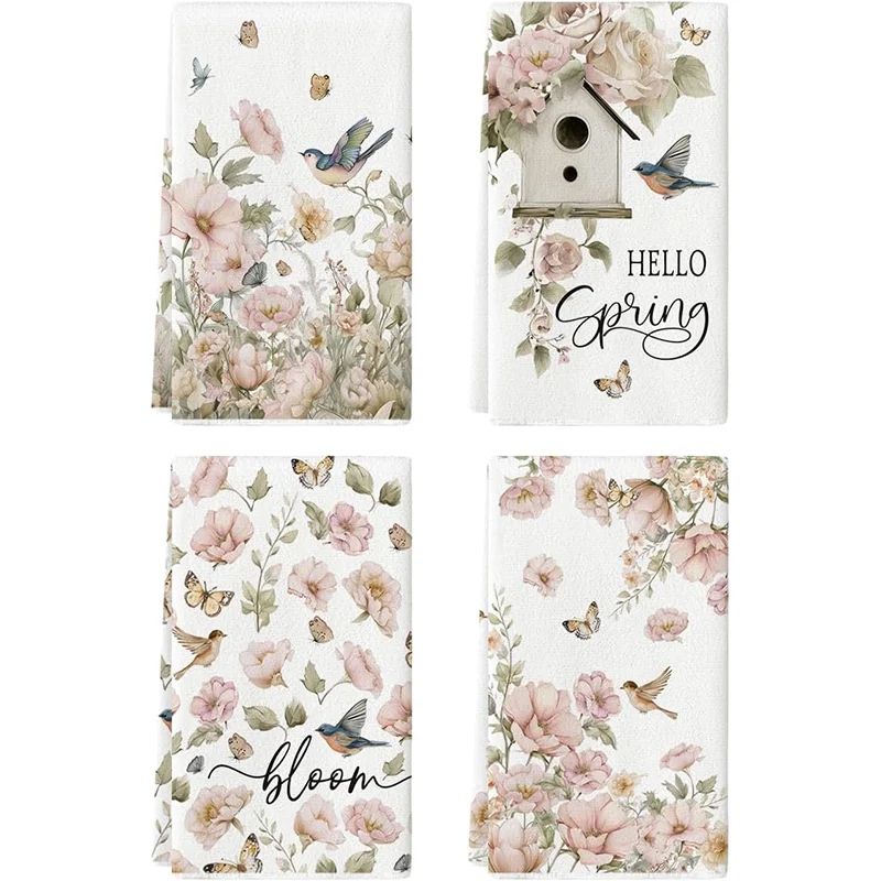 4Pcs, Birdhouse Butterfly Floral Spring Kitchen Towels, 40Cm*60Cm Towel Set, Best Kitchen Towels, Fun Kitchen Towels, Super Absorbent Soft Cleaning Cloth, Cooking and Baking Tea Towels, Hand Towels, Cleaning Cloths, Dishcloths, Kitchen Decor, Living...