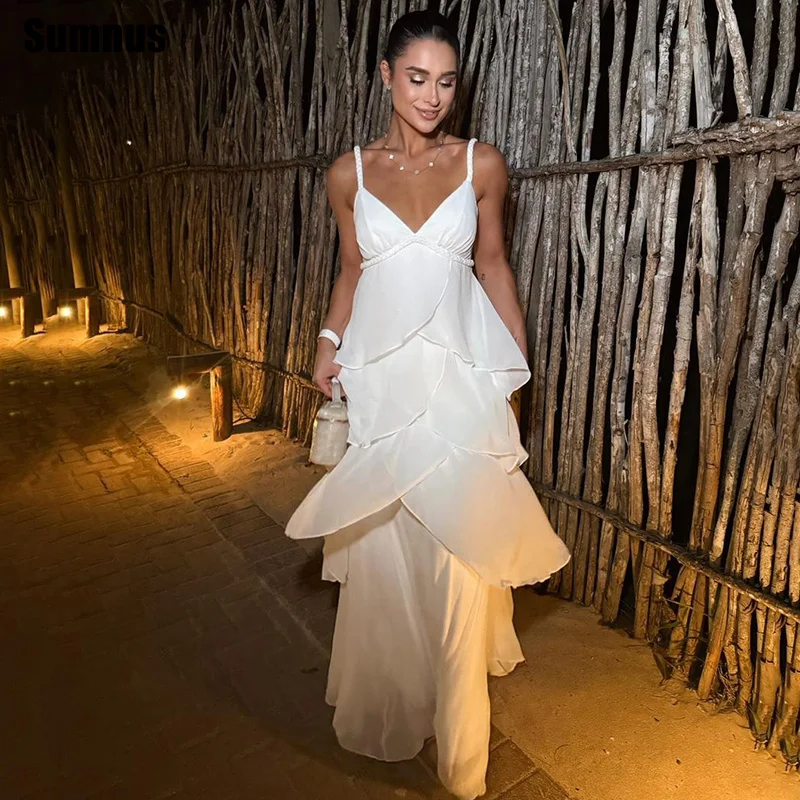 Sumnus Simple A-line Prom Dress Beige Spaghetti Strap Tiered Sleeveless Floor Length Evening Dresses vestidos Customized