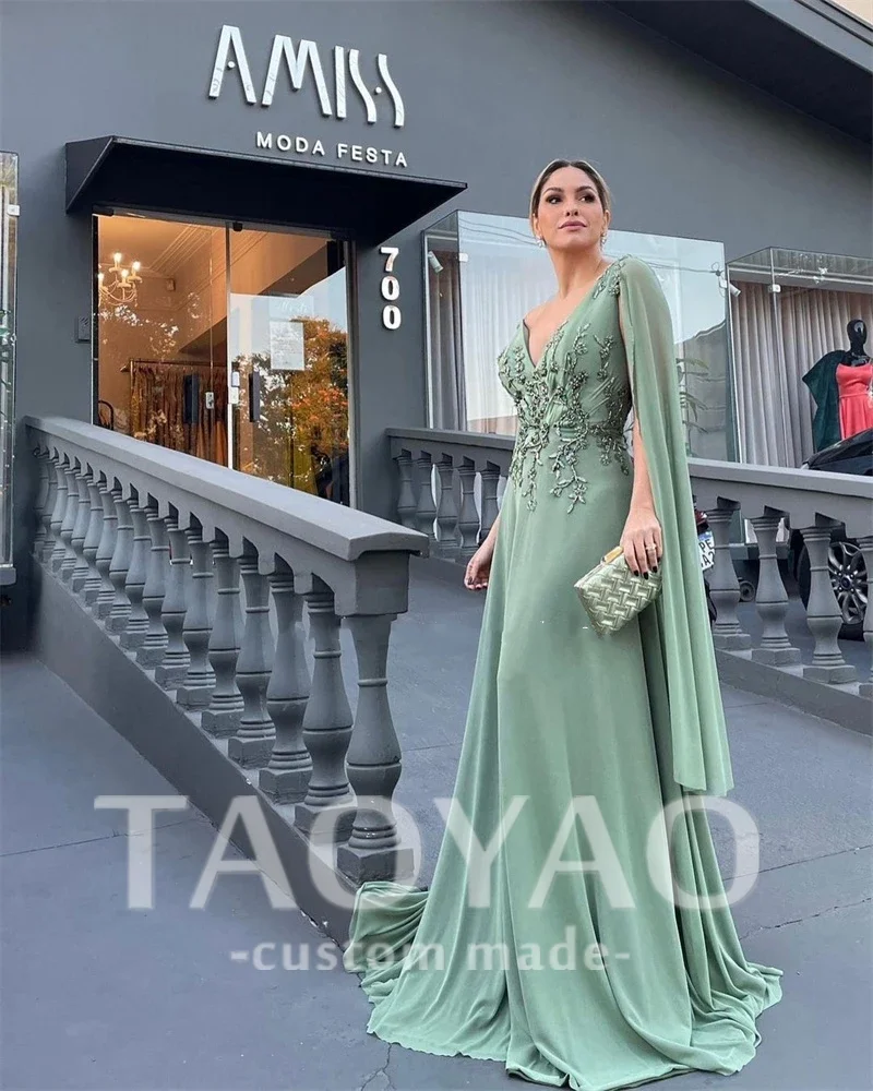 Green Chiffon V-Neck Dubai Evening Dresses Cape Sleeves Elegant Women Wedding Party Dresses Sukienki Na Studniówkę Customized