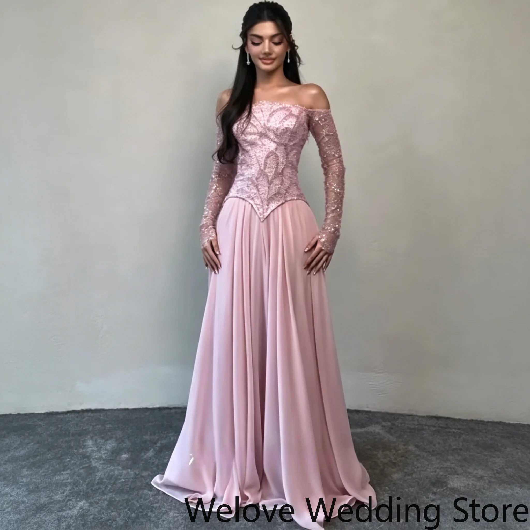 Customized Romantic Blush Pink A-Line Evening Gown Featuring Off-The-Shoulder Scalloped Sweetheart Neck