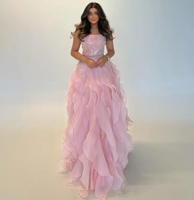 Customized High Quality Floor Length Sleeveless Wrinkle Sequins Pink Women and Prom Dress Vestidos Para Casamento Convidados