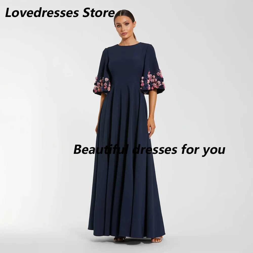 Elegant Evening Dress for Women Navy O-Neck Applique Half Sleeves Evening Gown Pleated Long A Line Formal Party Dress Customized