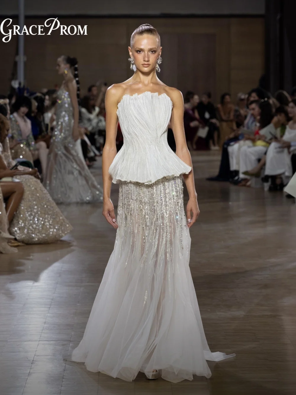 Elegant Strapless Peplum Evening Dress 2027 Pleated Top Sparkling Sequin Sheer Tulle Formal Wedding Guest Party Gown فساتين سهرة