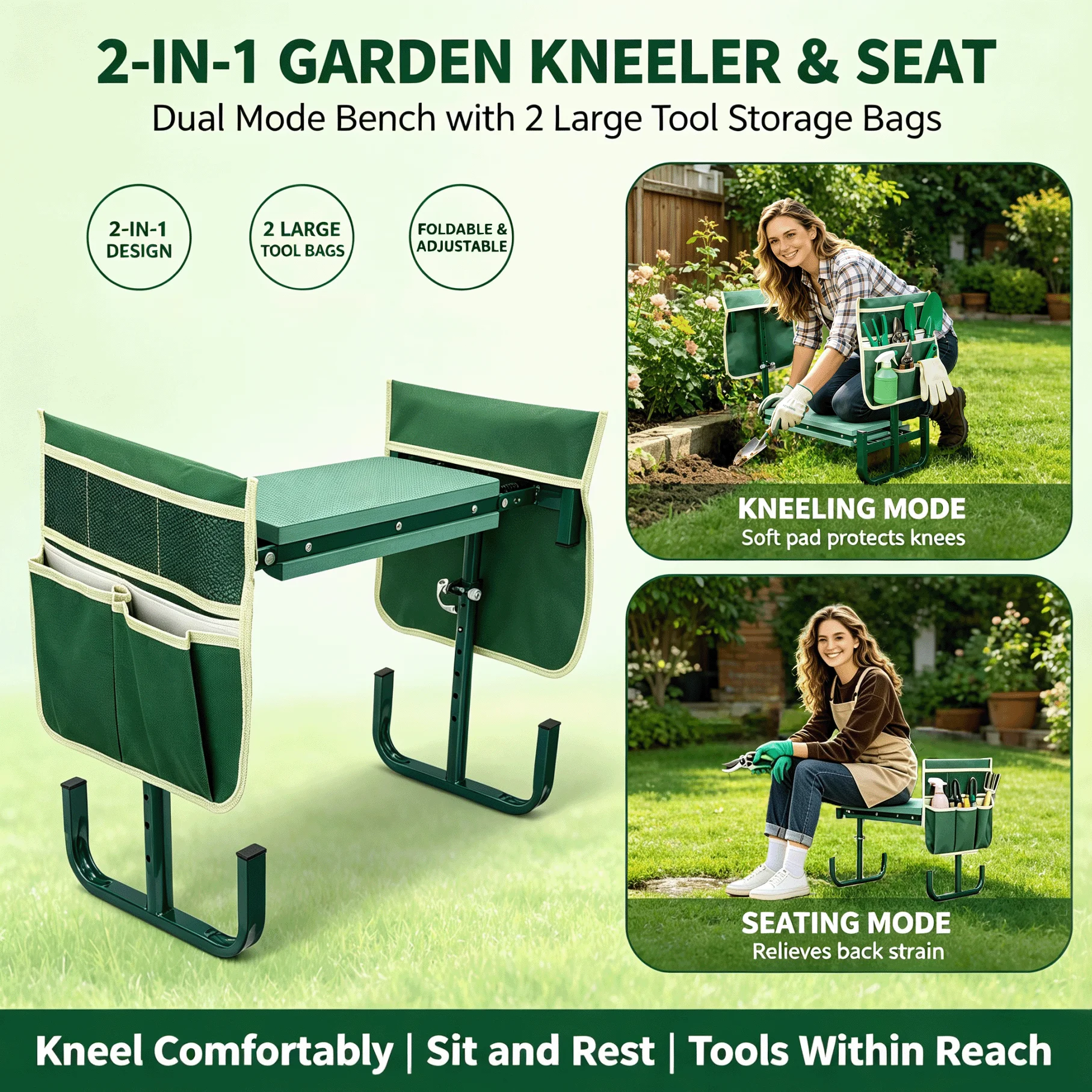 Siège de jardin pliable et réglable, banc de jardinage 2-en-1 avec pochettes à outils amovibles, tabouret de jardin robuste pour la plantation et le jardinage en extérieur
