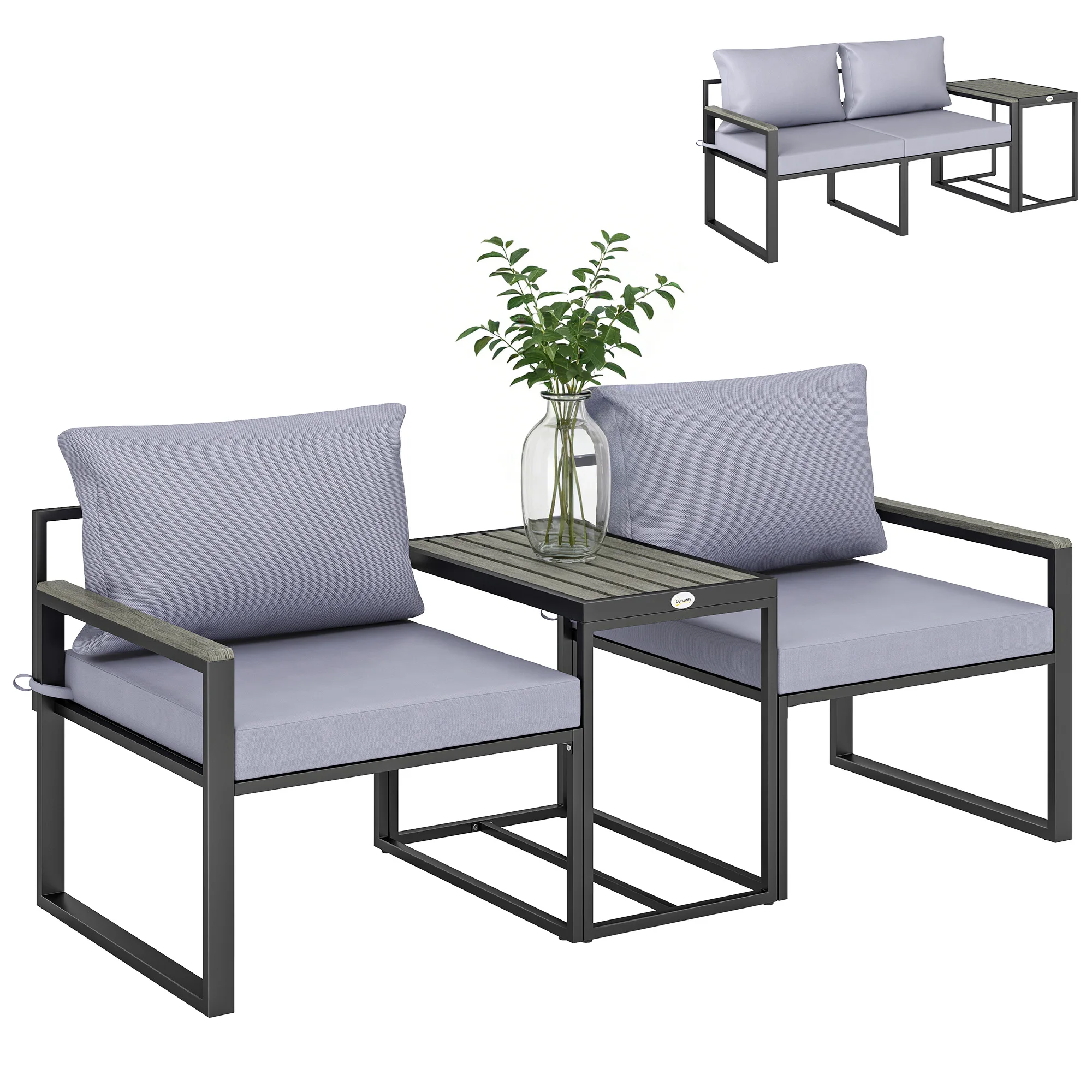 Outsunny 3-teiliges Garten-Wohnzimmer-Set 14 cm Kissen und Armlehnen Holz-Kunststoff-Verbund 2 Sessel und Beistelltisch Grau