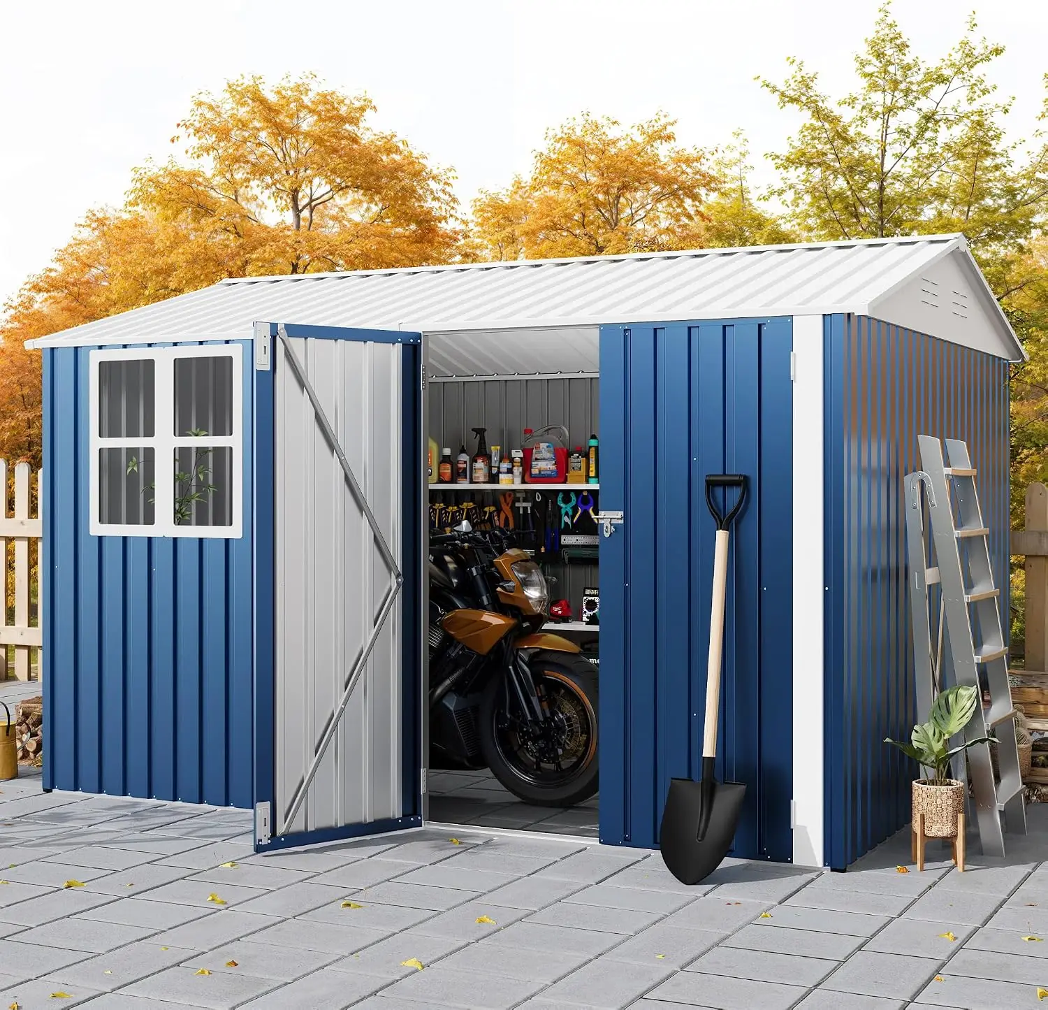Abri de jardin extérieur Hobbylane 8x10 pieds, abri à outils en métal avec fenêtre transparente, portes verrouillables, grande boîte de rangement de jardin avec toit incliné, abris et rangements extérieurs pour jardin, patio, pelouse, bleu marine