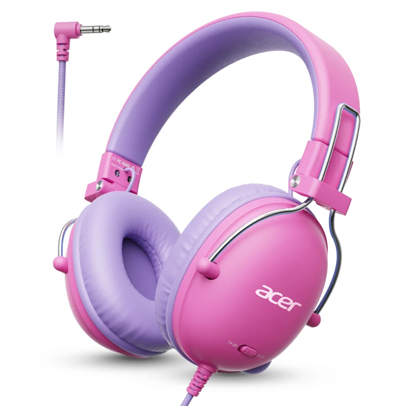 Casque audio pour enfants Acer, volume sécurisé 74/85 dB, casque audio pour enfants avec cordon, son stéréo, casque filaire sur les oreilles pour les garçons et les filles à l