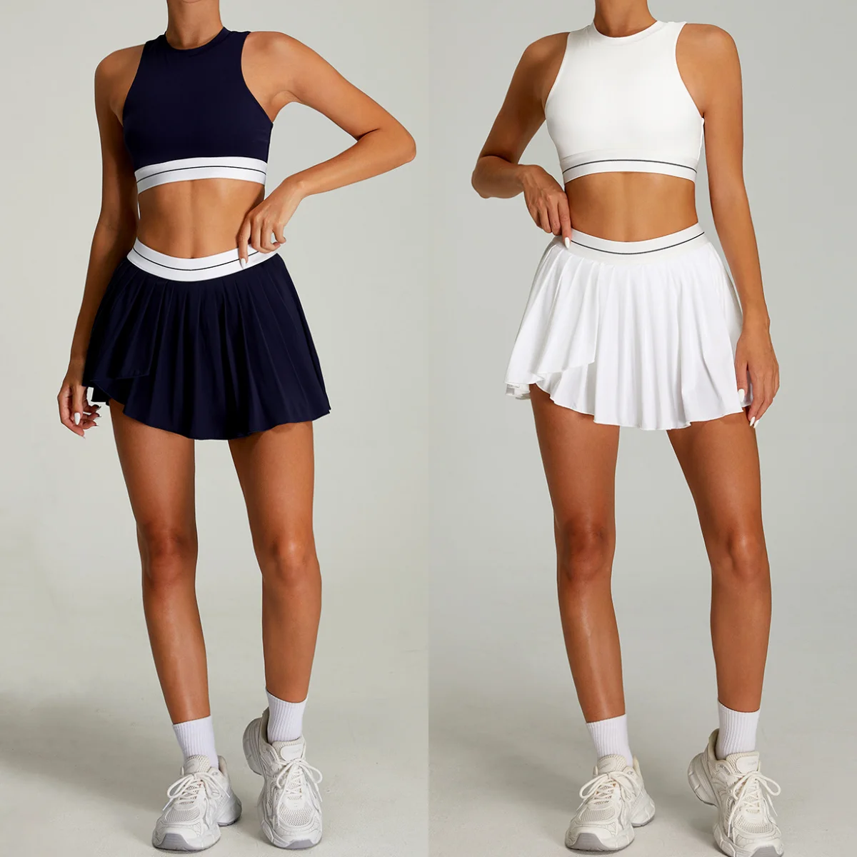Ensemble de yoga 2 pièces pour femmes, couleur unie, haut de sport, jupe de tennis, tenue de sport respirante, séchage rapide, vêtements de sport courts, vêtements d'entraînement, golf