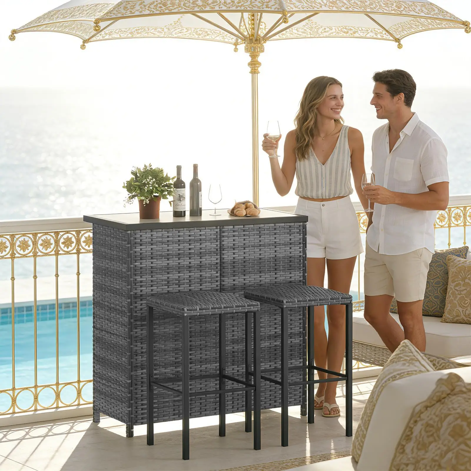 Ensemble de bar de jardin en polyrotin, table de bar 3 pièces avec 2 tabourets de bar, groupe de sièges en rotin moderne pour balcon, terrasse et jardin, groupe de sièges de jardin au design peu encombrant, résistant aux intempéries et stable, gris