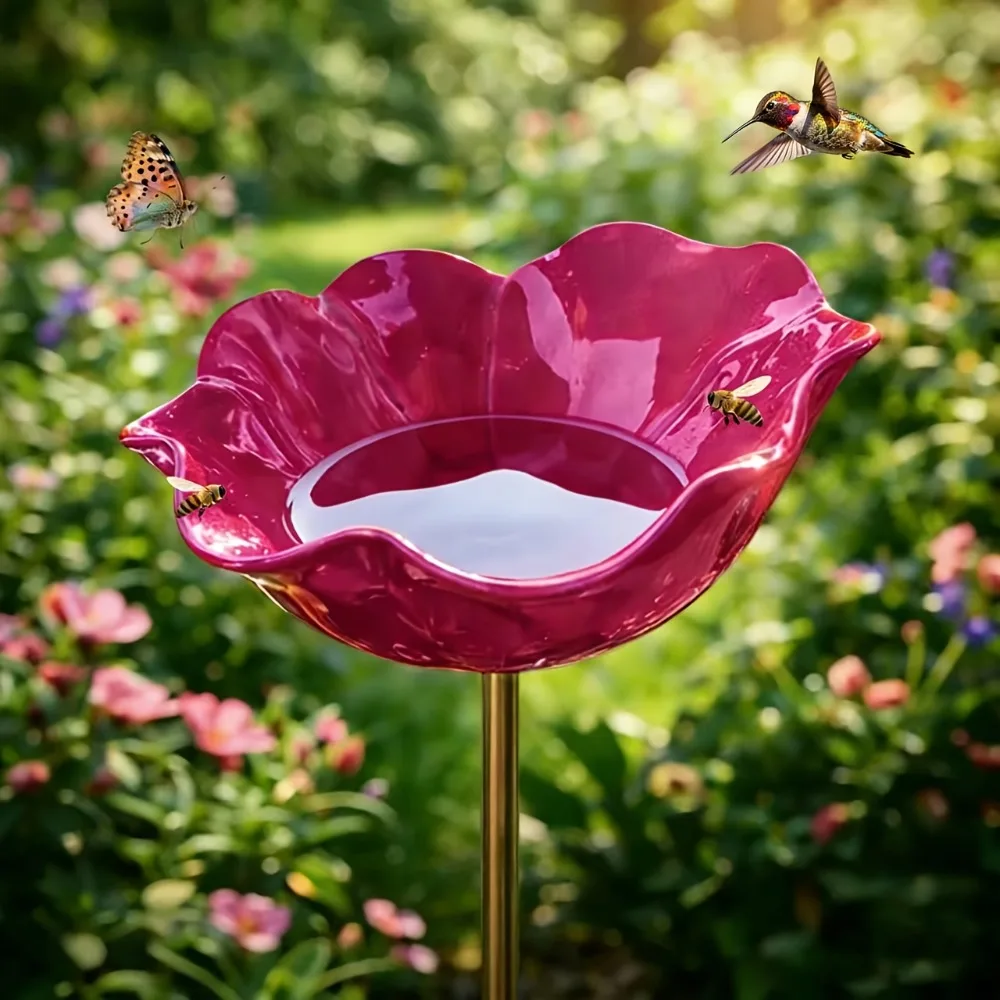 Décoration de jardin artisanale en forme de fleur de coquelicot rouge, pique à planter pour bain d'oiseaux, abreuvoir extérieur, art de jardin pour oiseaux, ornement de jardin, cadeau