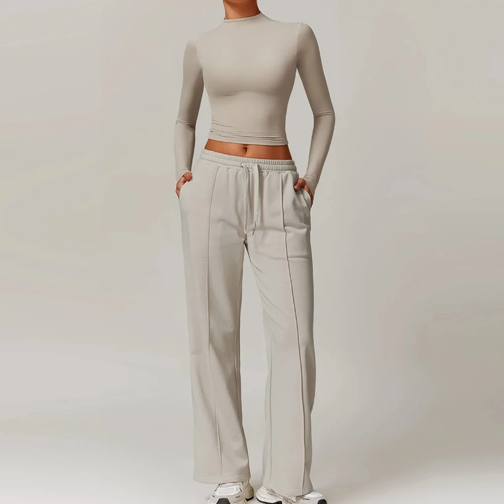 Vêtements de sport d'hiver 2 pièces ensembles de Yoga vêtements de sport survêtements de Yoga pour femmes hauts de sport à manches longues + ensembles de pantalons droits de Fitness