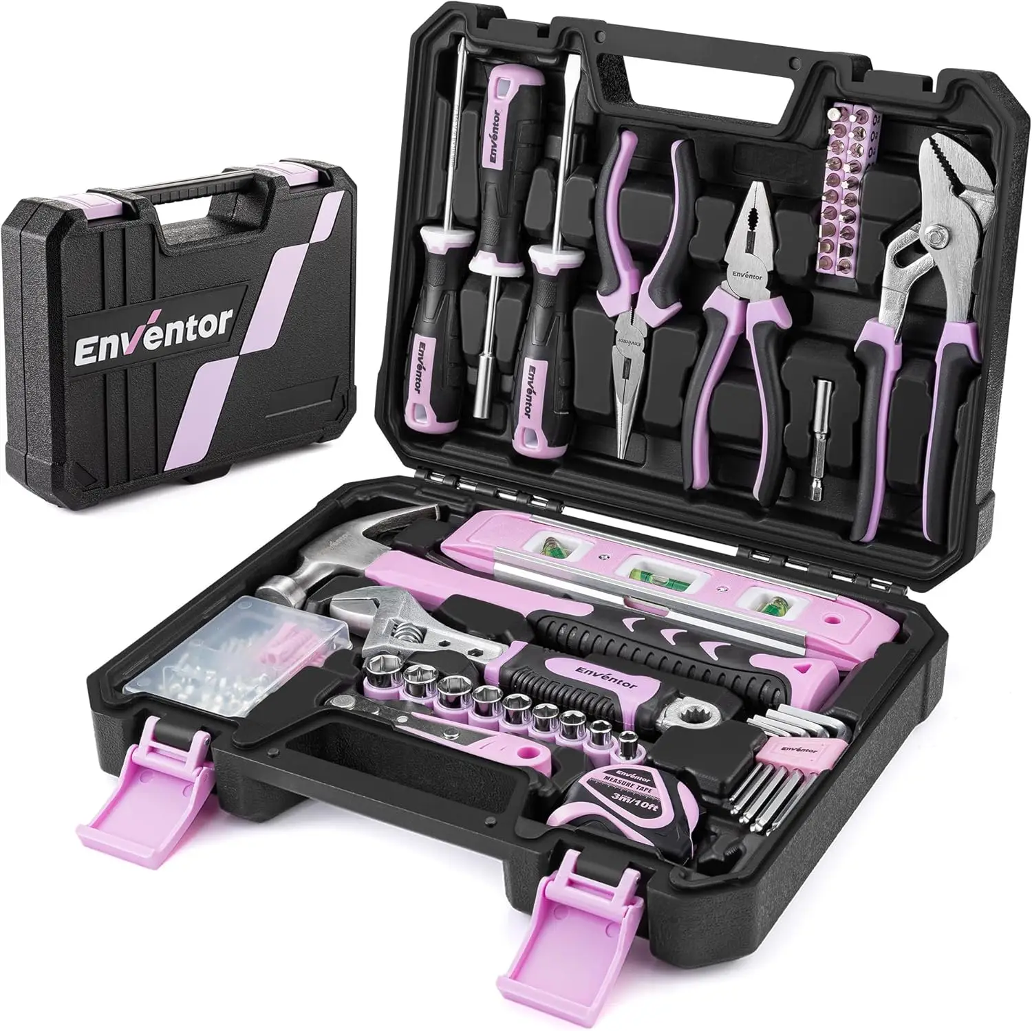 ENVENTOR Petite boîte à outils pour femmes, ensemble d'outils ménagers, boîte à outils rose, universelle, complète avec outils à main, kit d'outils de 158 pièces, pour le bricolage domestique