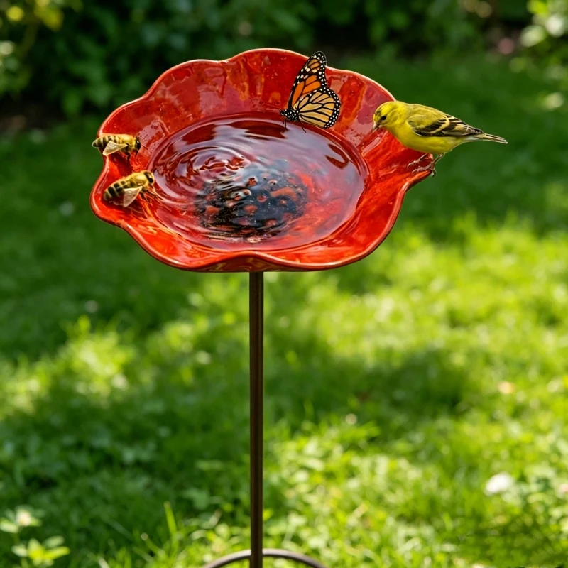 Décoration de jardin artisanale en forme de fleur de coquelicot rouge, poteau pour bain d'oiseaux, abreuvoir extérieur, art de jardin pour oiseaux, ornement de jardin, cadeau