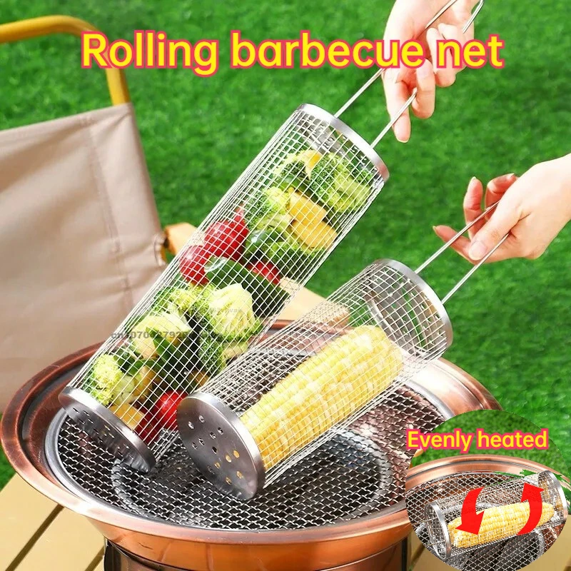 Grille de barbecue ronde pour accessoires de barbecue, ensemble de paniers de barbecue au charbon de bois en acier inoxydable, cage de barbecue, essentiel pour le camping en extérieur