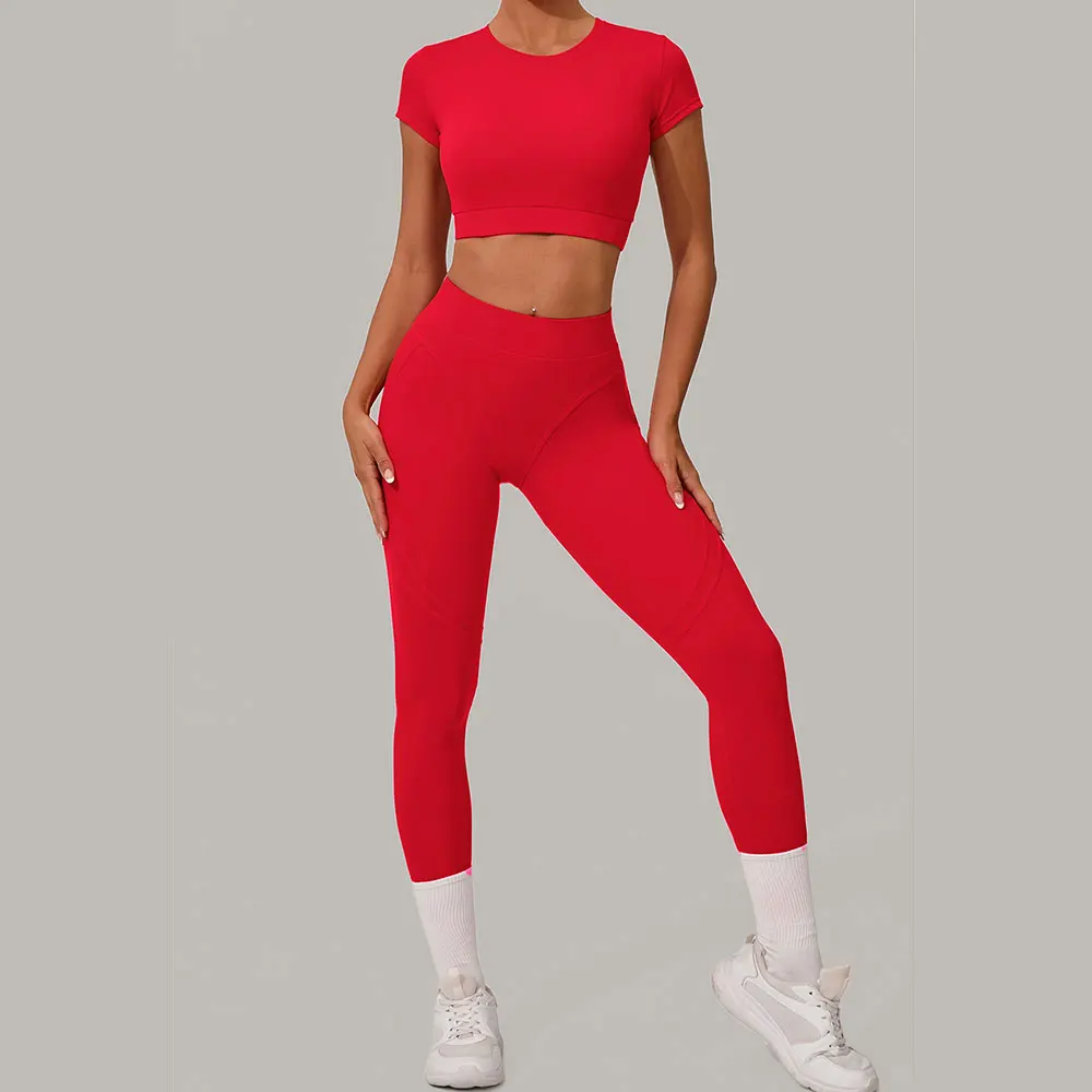 Ensemble de Yoga pour femmes, 2 pièces, vêtements de sport sans couture, vêtements d'entraînement, vêtements de sport, Legging, soutien-gorge de Fitness, haut court, manches courtes, combinaison de sport