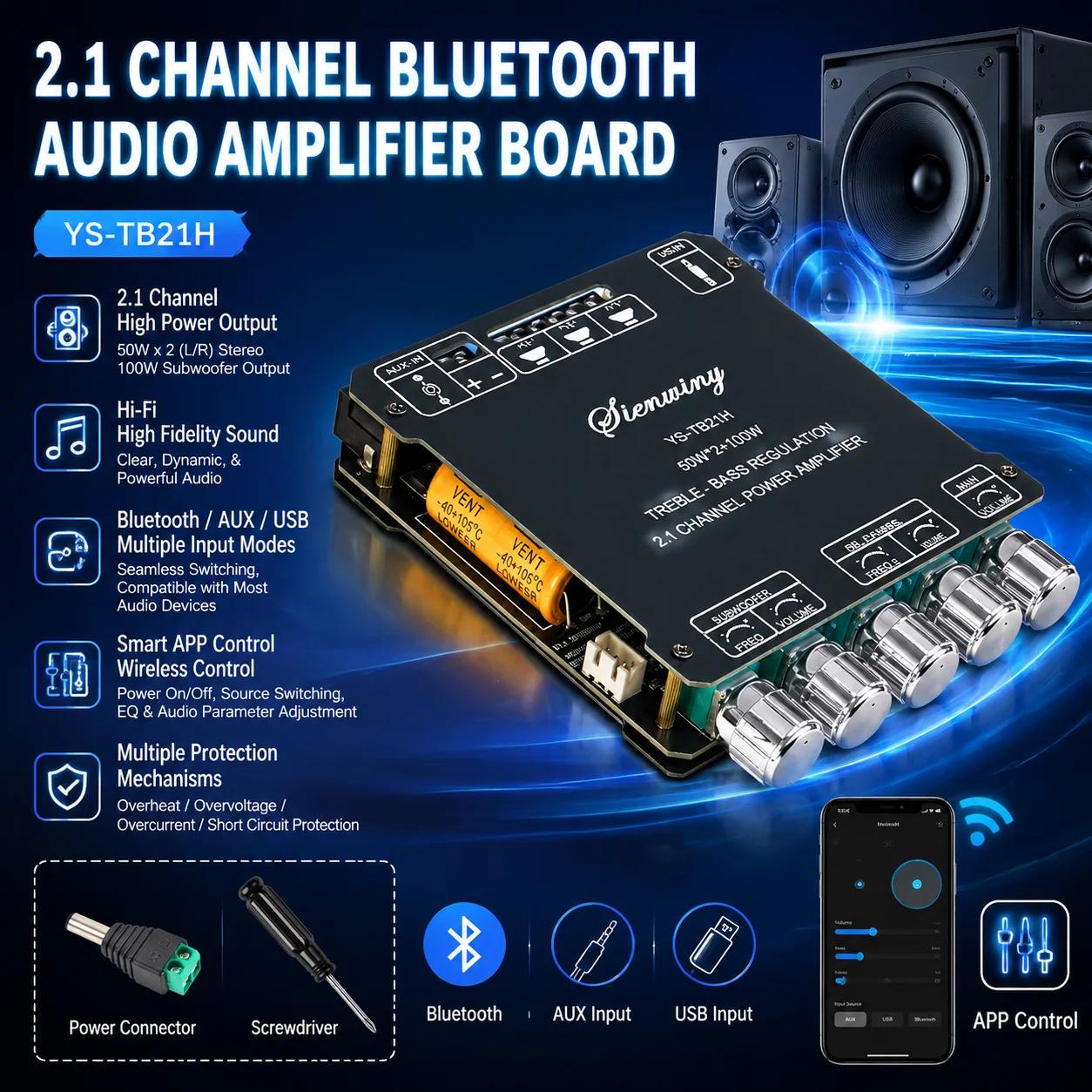 Carte amplificateur Bluetooth 2.1 canaux YS-TB21H 200W Classe D 50W*2+100W Subwoofer Bass Treble USB APP MIC KTV DC12-24V HiFi DIY pour enceinte
