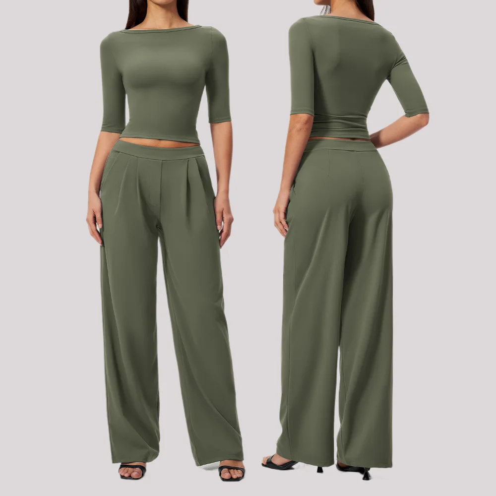 Vêtements de sport, ensemble de yoga 2 pièces, survêtement de sport pour femmes, col bateau, manches longues, pantalon large, vêtements de sport pour la course et le fitness