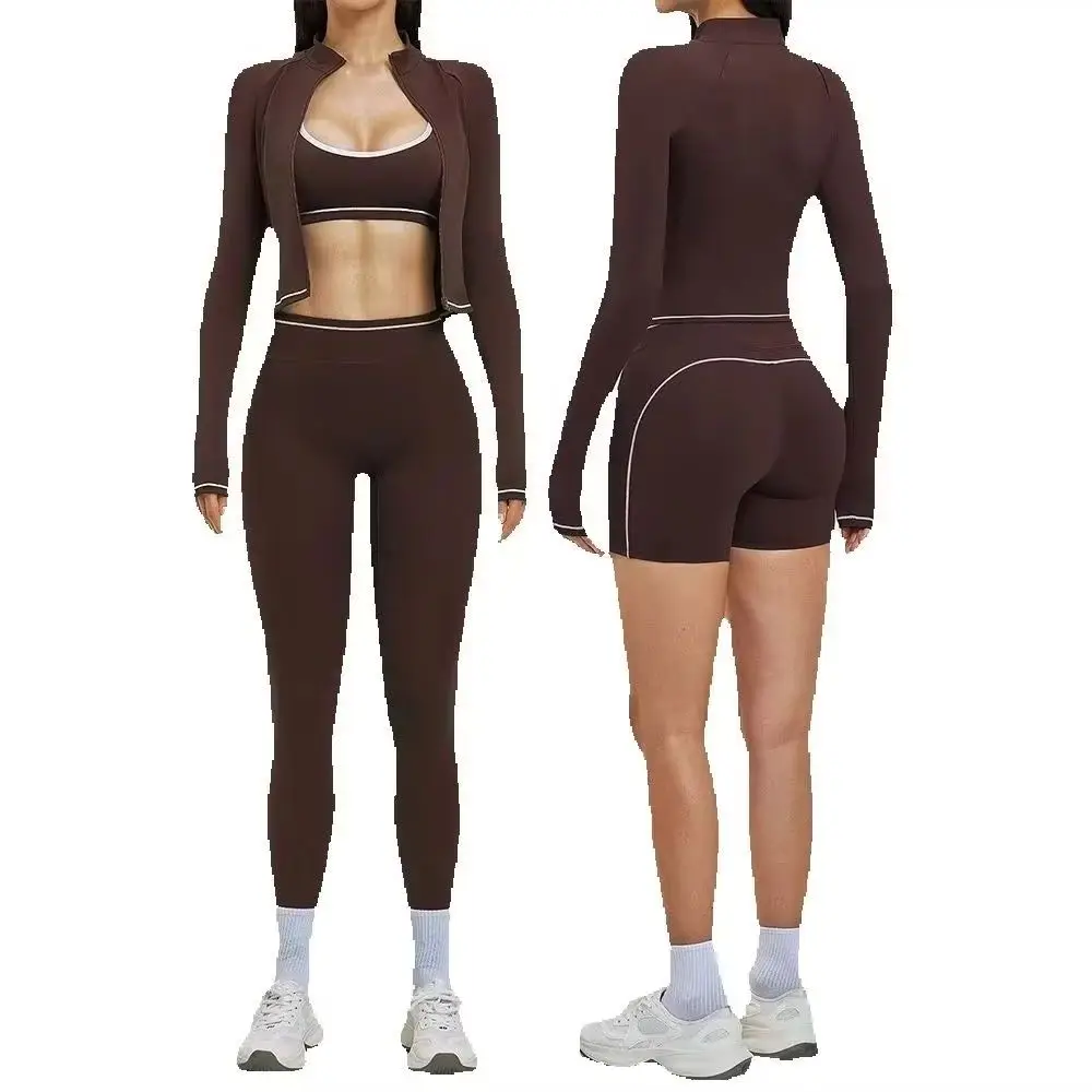 Ensemble de yoga 3 pièces pour femme, tenue de sport, ensemble de gym, vêtements de course, vêtements de sport à manches longues, soutien-gorge de sport, vêtements athlétiques, vêtements de yoga