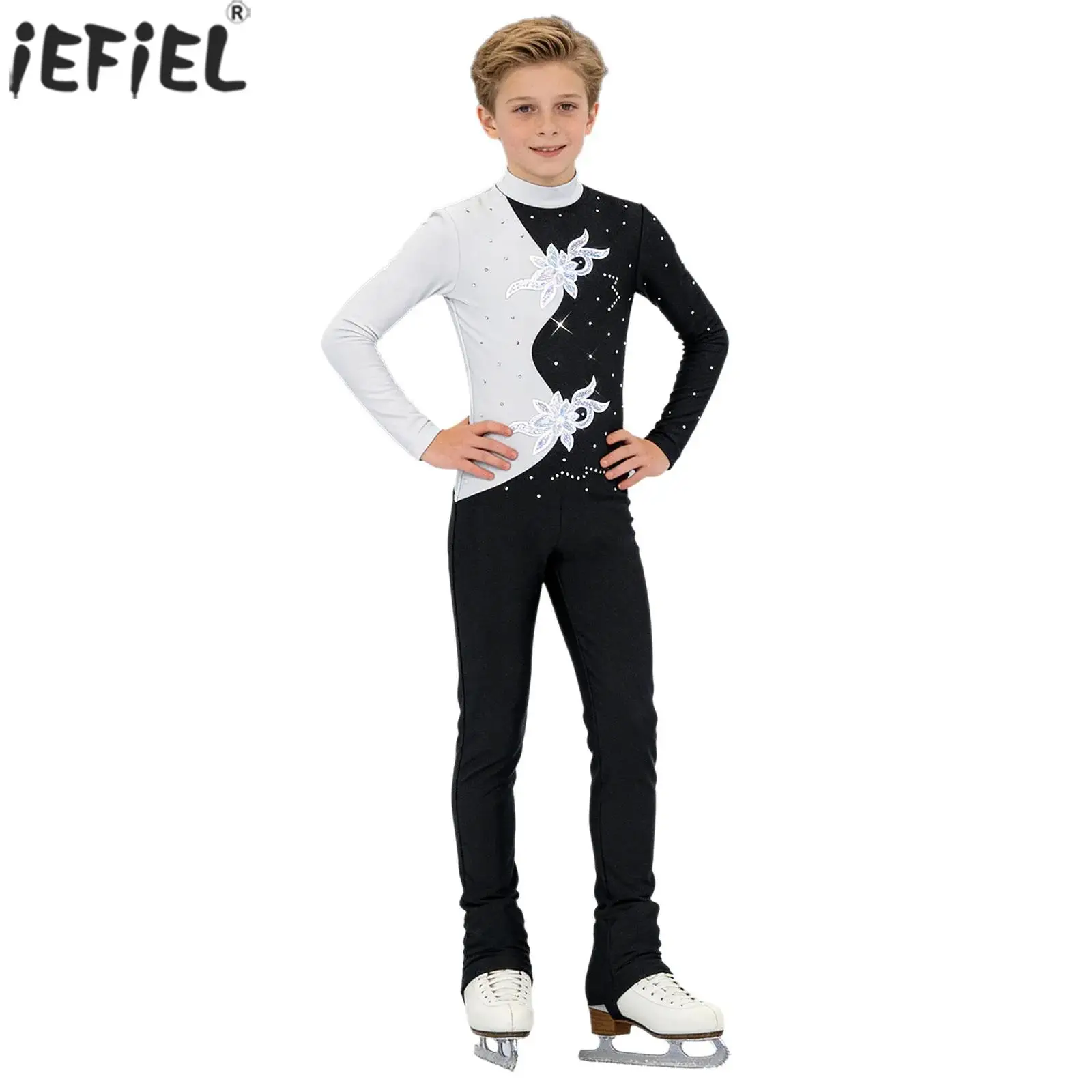 Combinaison de patinage artistique et de gymnastique pour garçons, à manches longues, avec strass brillants et appliques de paillettes, pour la danse moderne, le jazz et la danse latine