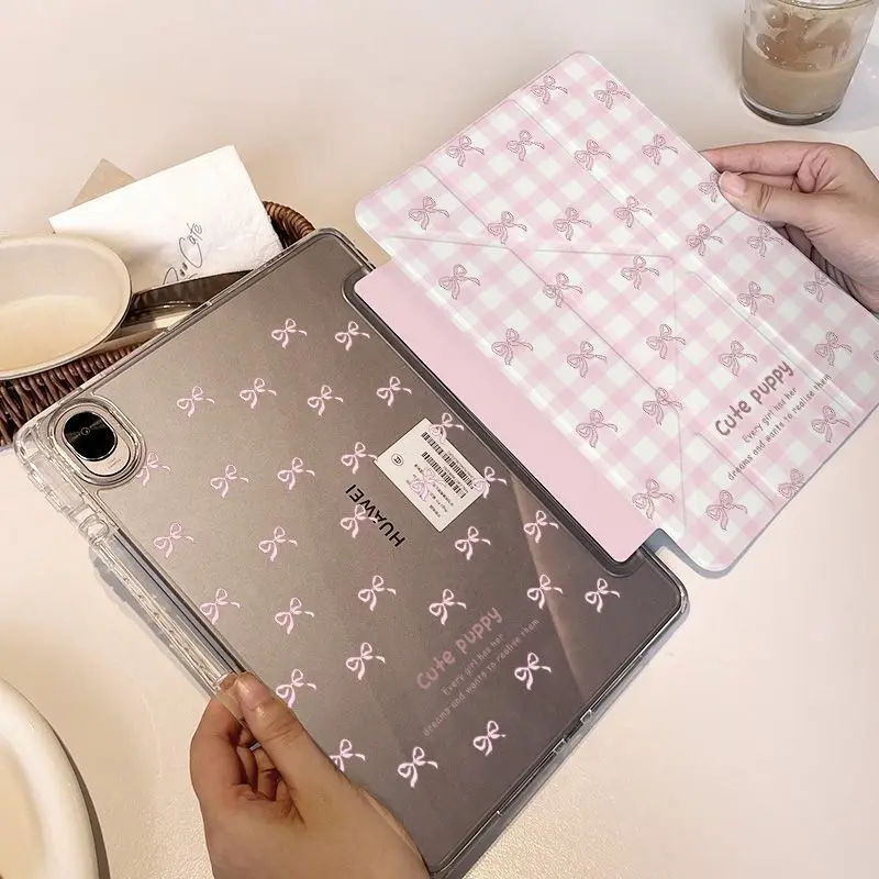 Étui pliable rose avec nœud pour iPad Air 3, iPad 10.2 (7e, 8e, 9e génération), iPad Air 3 10.5, iPad Air 10.9 (10e génération), iPad Air 11/13, iPad Pro 12.9, iPad Pro 13, iPad 11e génération A16