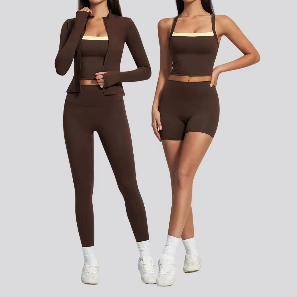 Ensemble de sport yoga 2/3 pièces pour femmes, survêtement color block, vêtements de course et d'entraînement, soutien-gorge de sport à manches longues, vêtements de sport athlétiques, vêtements de gym