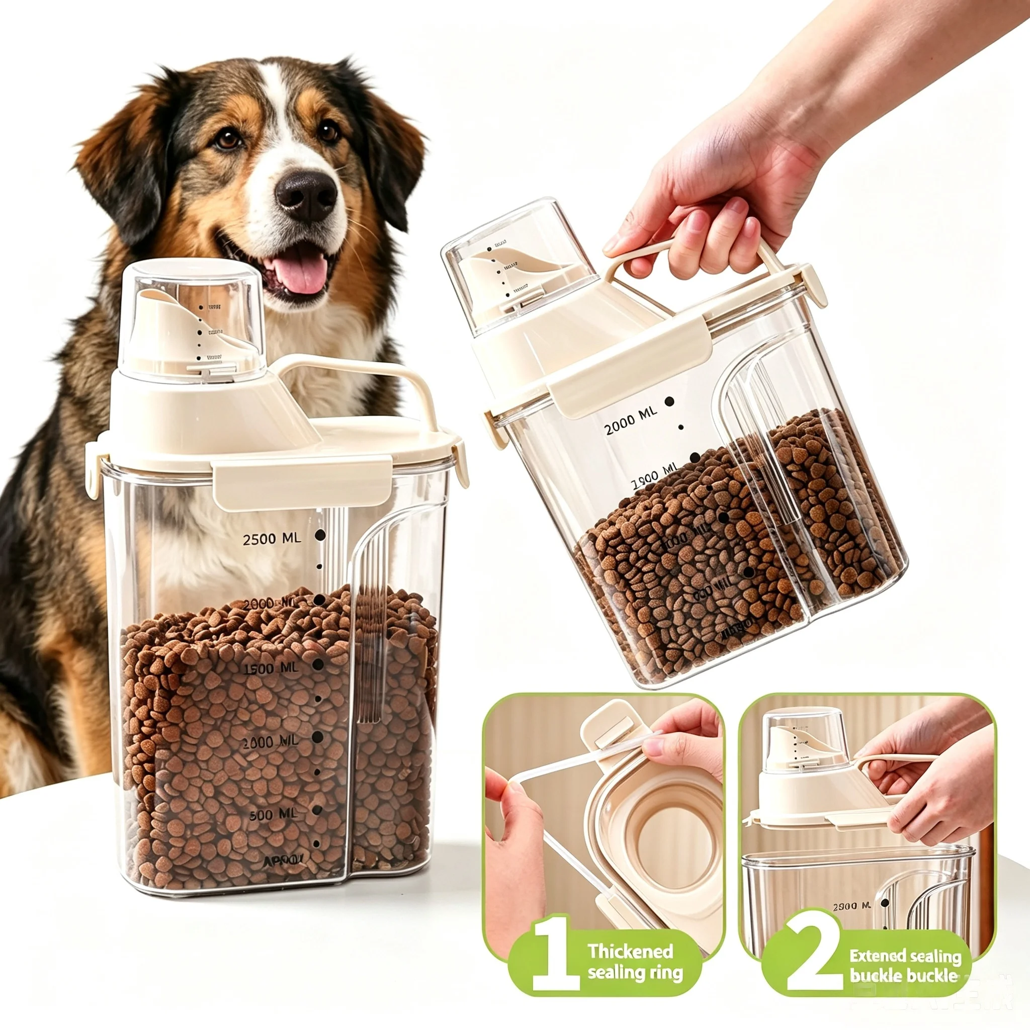 Boîte de rangement en plastique pour aliments pour chats et chiens 1kg/2kg/2,5kg/3kg avec tasse doseuse intégrée, anti-humidité, pour aliments pour chats, aliments pour chiens et friandises pour animaux de compagnie