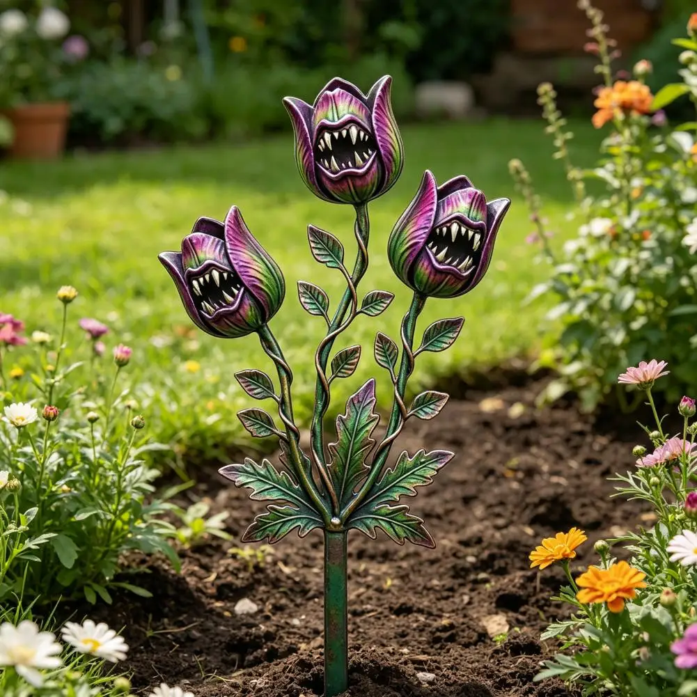 Sculpture de jardin en métal Plante carnivore Décoration de jardin fantaisie Sculpture de plante Piège à mouches 2D plat et rouillé pour jardin