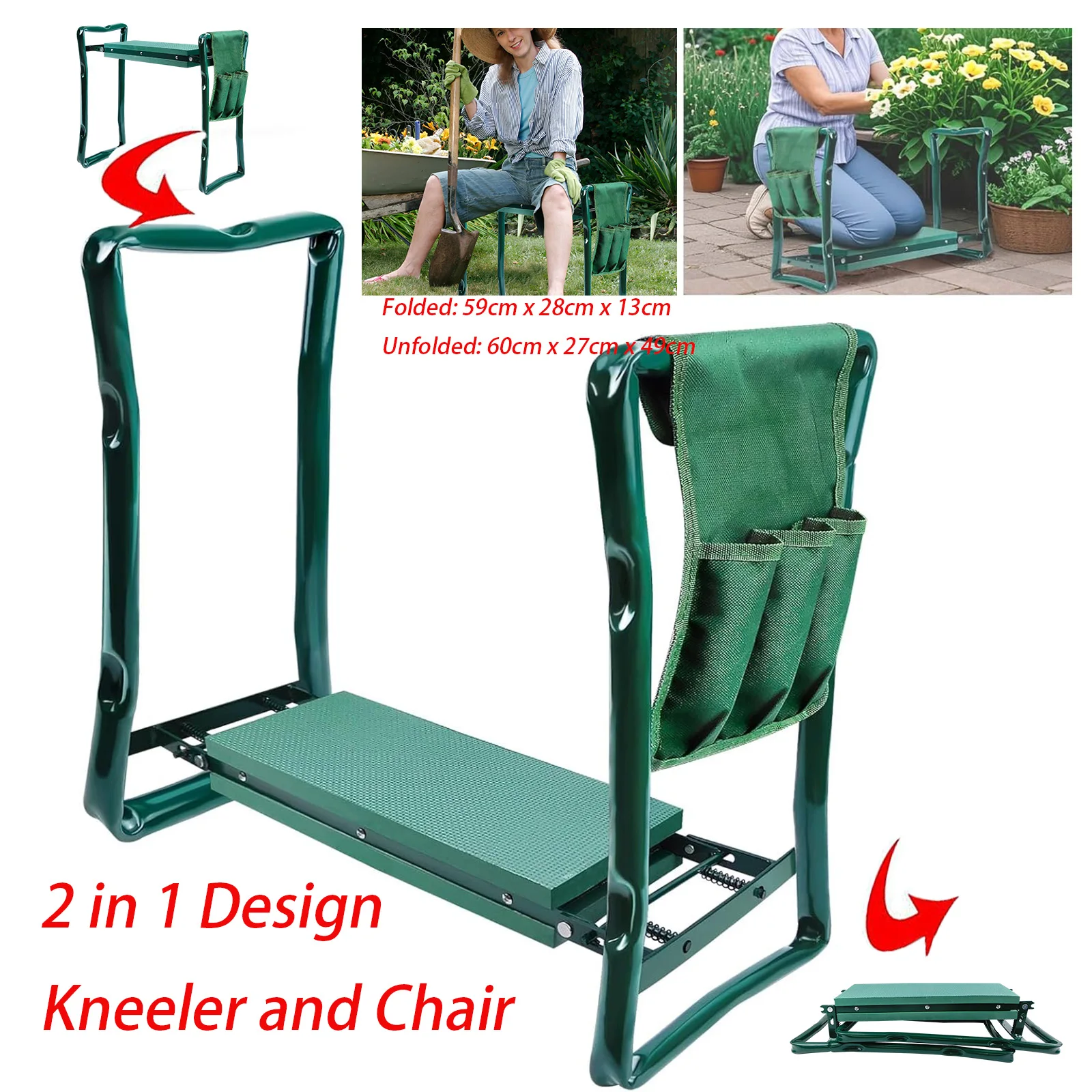 Accessoires de jardin : Siège de jardinage avec poignées, genouillères, tabouret de jardinage, coussinets de genouillère pour le jardinage, siège de jardinage robuste, rembourrage en mousse EVA, sac à outils amovible