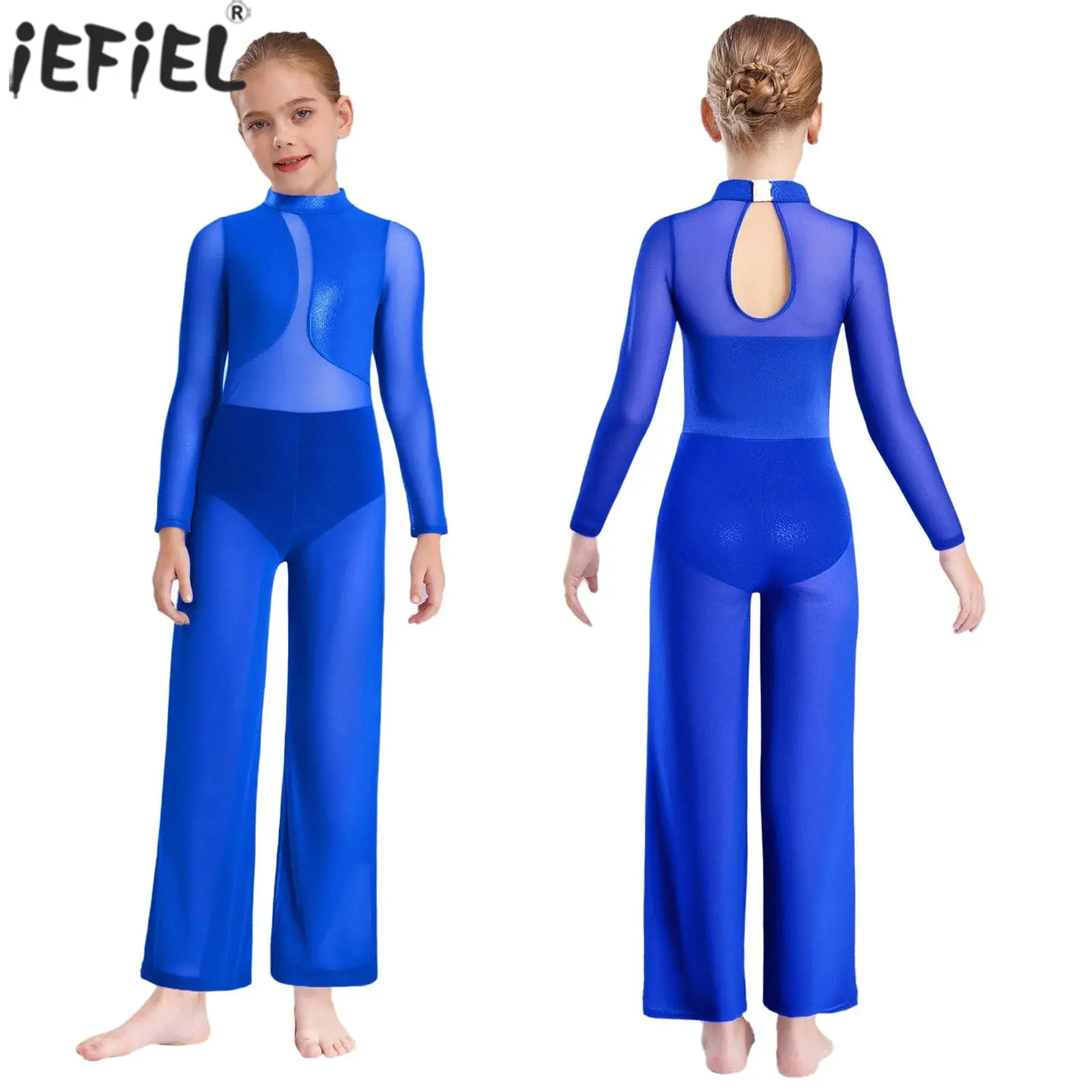 Enfants filles Ballet danse gymnastique justaucorps patinage artistique acrobatie Body maille transparente à manches longues métallique combinaison complète du corps