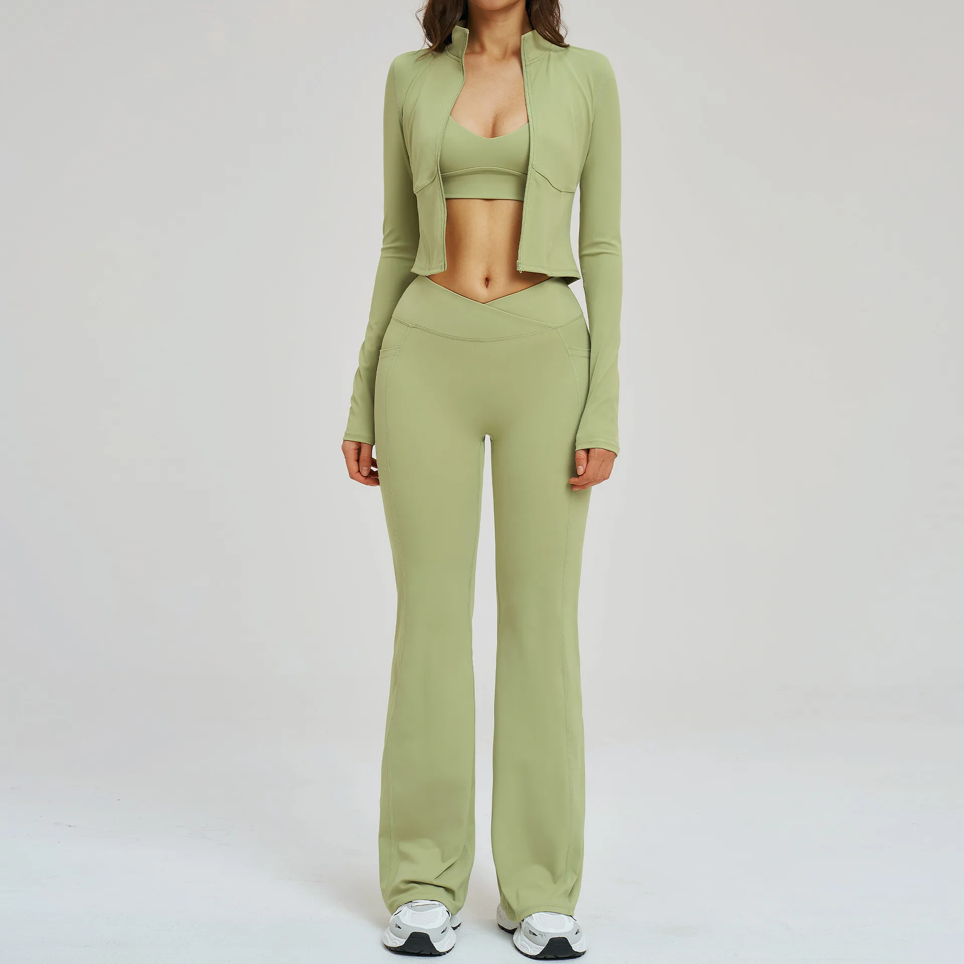 Ensemble de survêtement pour femmes, vêtements de sport, ensemble de yoga, vêtements de sport pour la salle de sport, legging, 3 pièces, soutien-gorge de sport, tenue de yoga à manches longues
